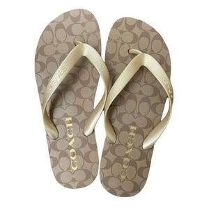 Coach Brown Signature Flip Flop Sandals with Gold Straps